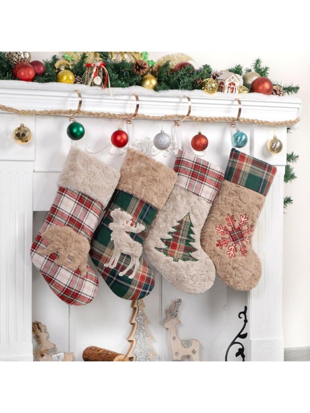 4 Pack Christmas Stockings 20" Plush Plaid Mix & Match Rustic Farmhouse Decor